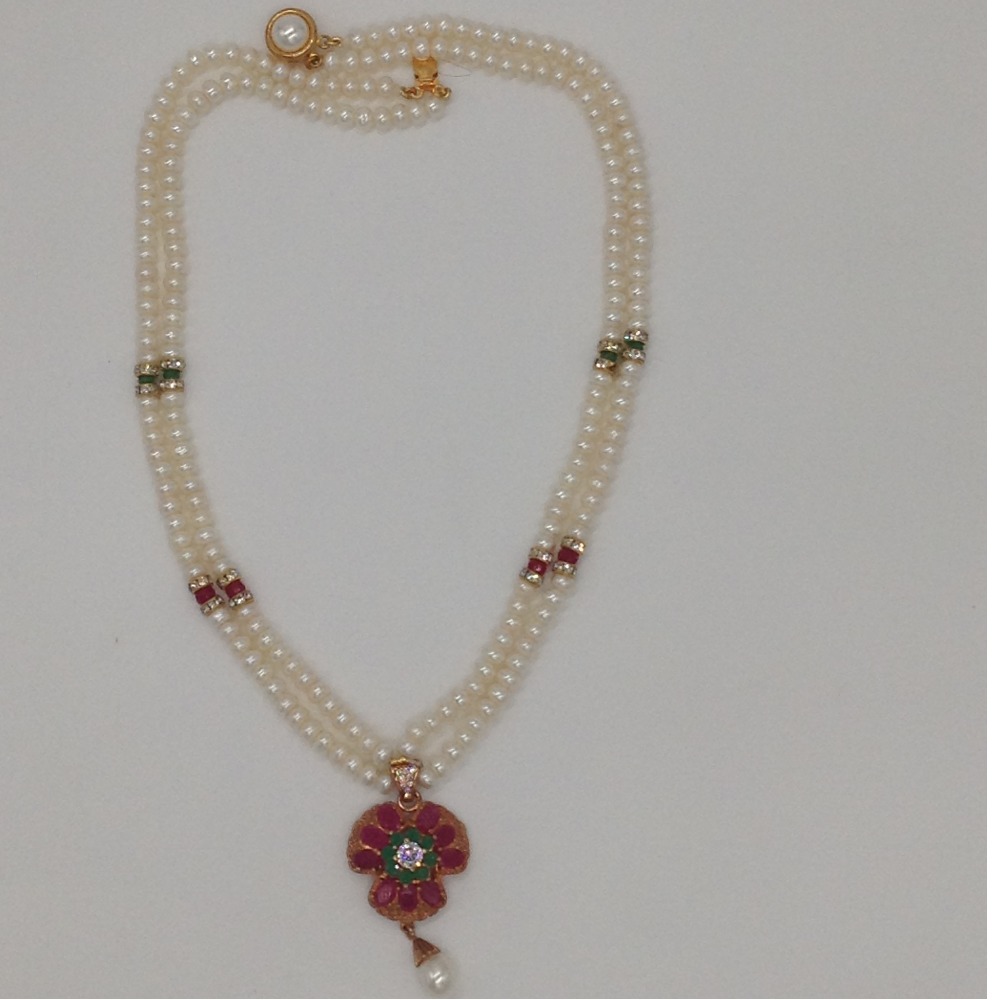 Tri colour cz pendent set with 2 line flat pearls jps0286
