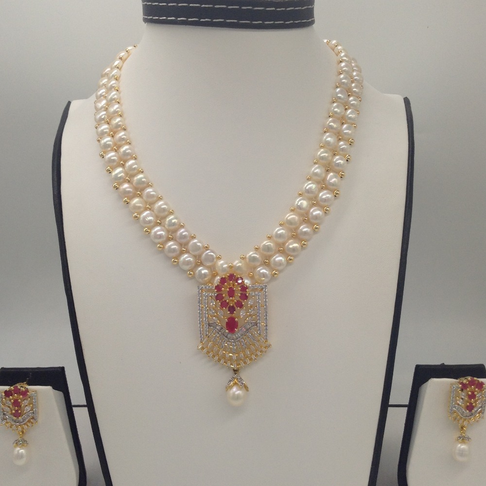 White;red cz pendent set with 2 line button pearls jps0393