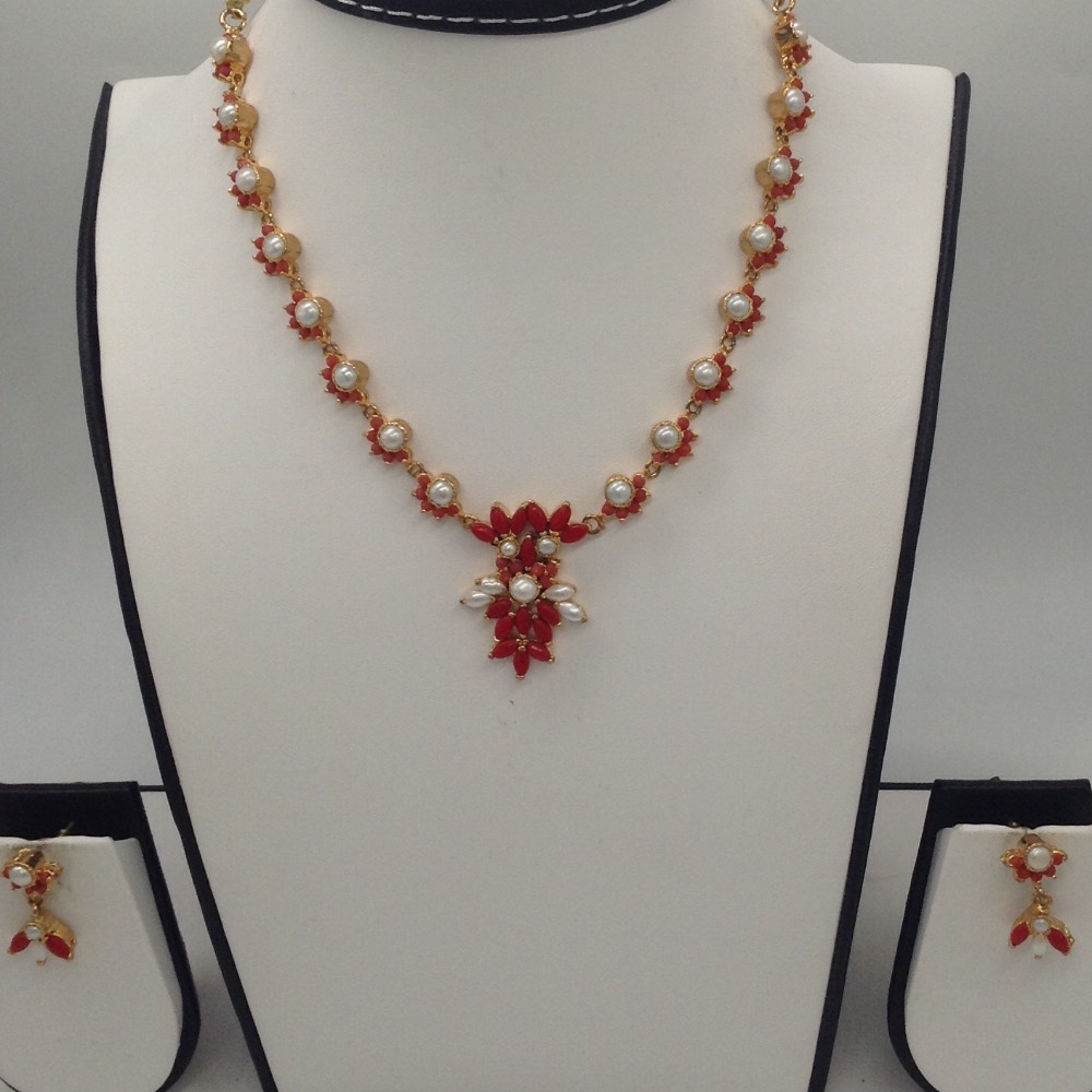 Freshwater White Button Pearls And Orange Corals Necklace Set JNC0051