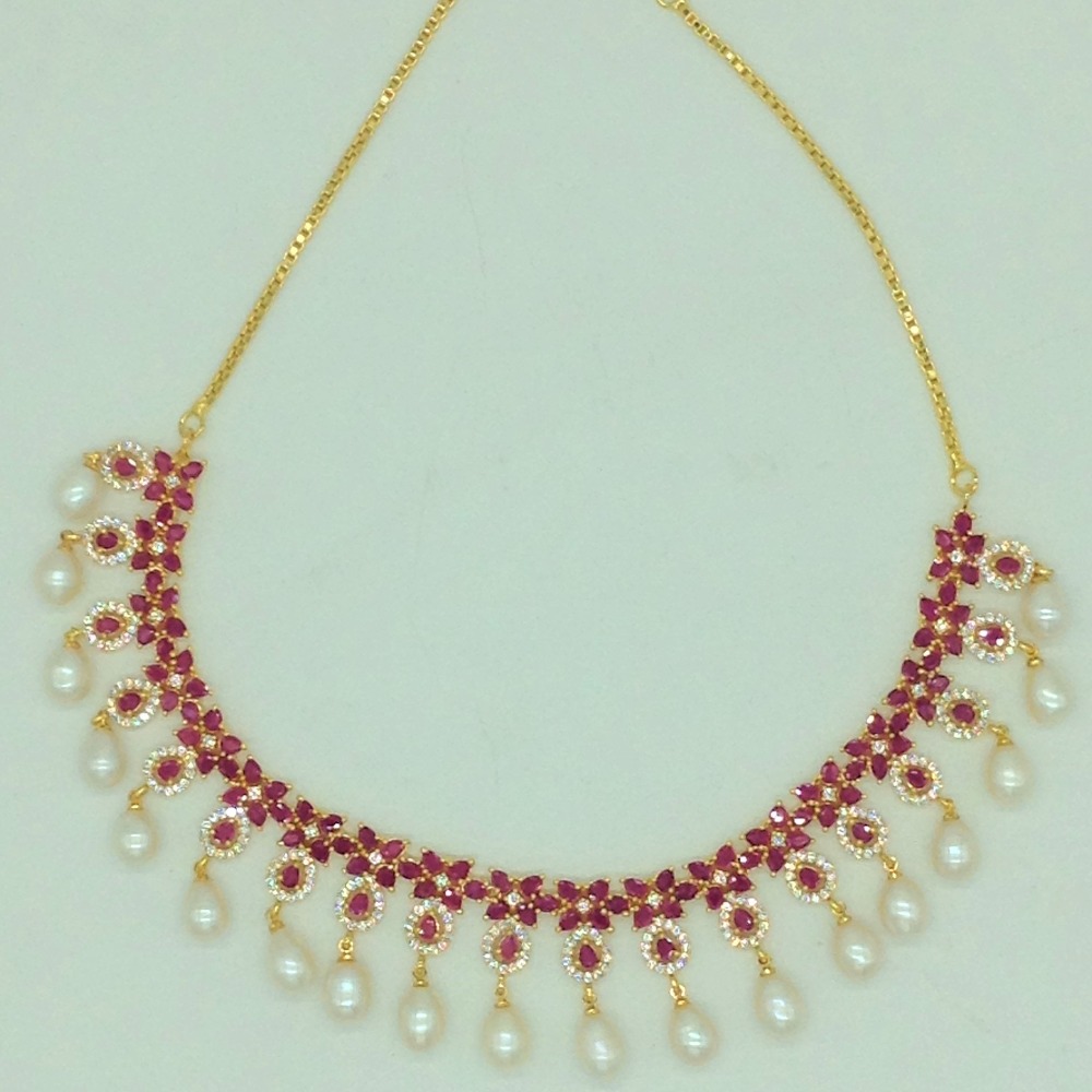 White and red cz stones and tear drop pearls necklace set jnc0145