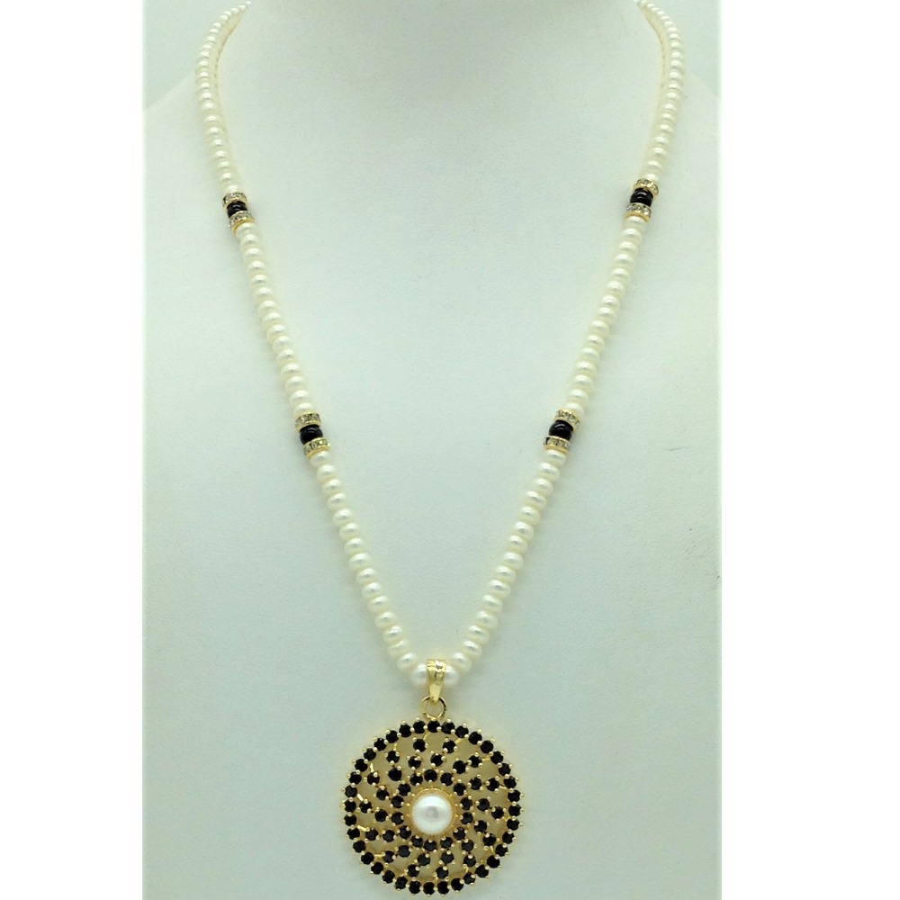 Black cz and pearls pendent set with 1 line flat pearls mala jps0674