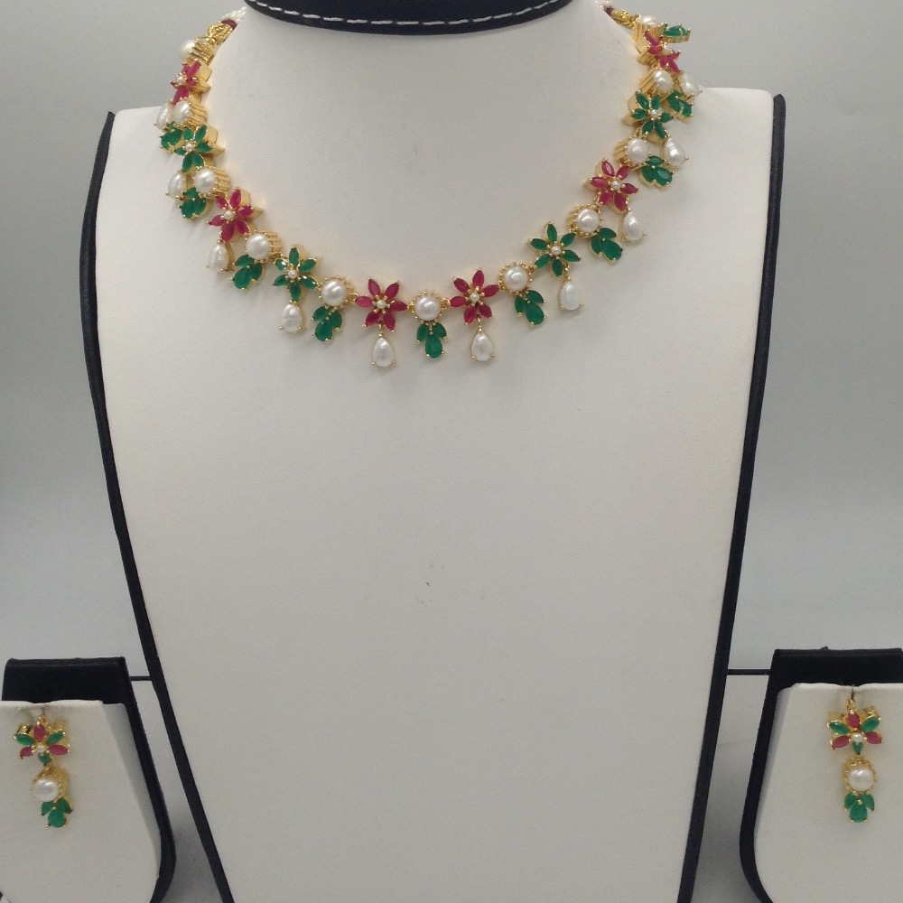 Pearls,red and green cz stones marquise necklace set jnc0055