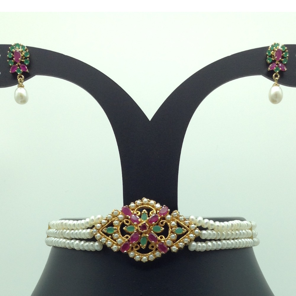 Pearls, Ruby And Emeralds Choker Set With 3 Line Flat Pearls Mala JPS0551