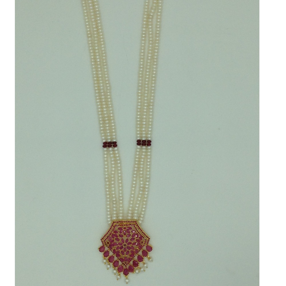 Red cz exclusive pendent set with 3 line flat pearls jps0595