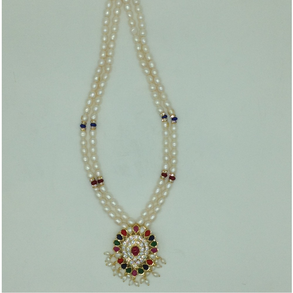 White Cz Navratan Pendent Set With 2 Line Pearls Mala JPS0857