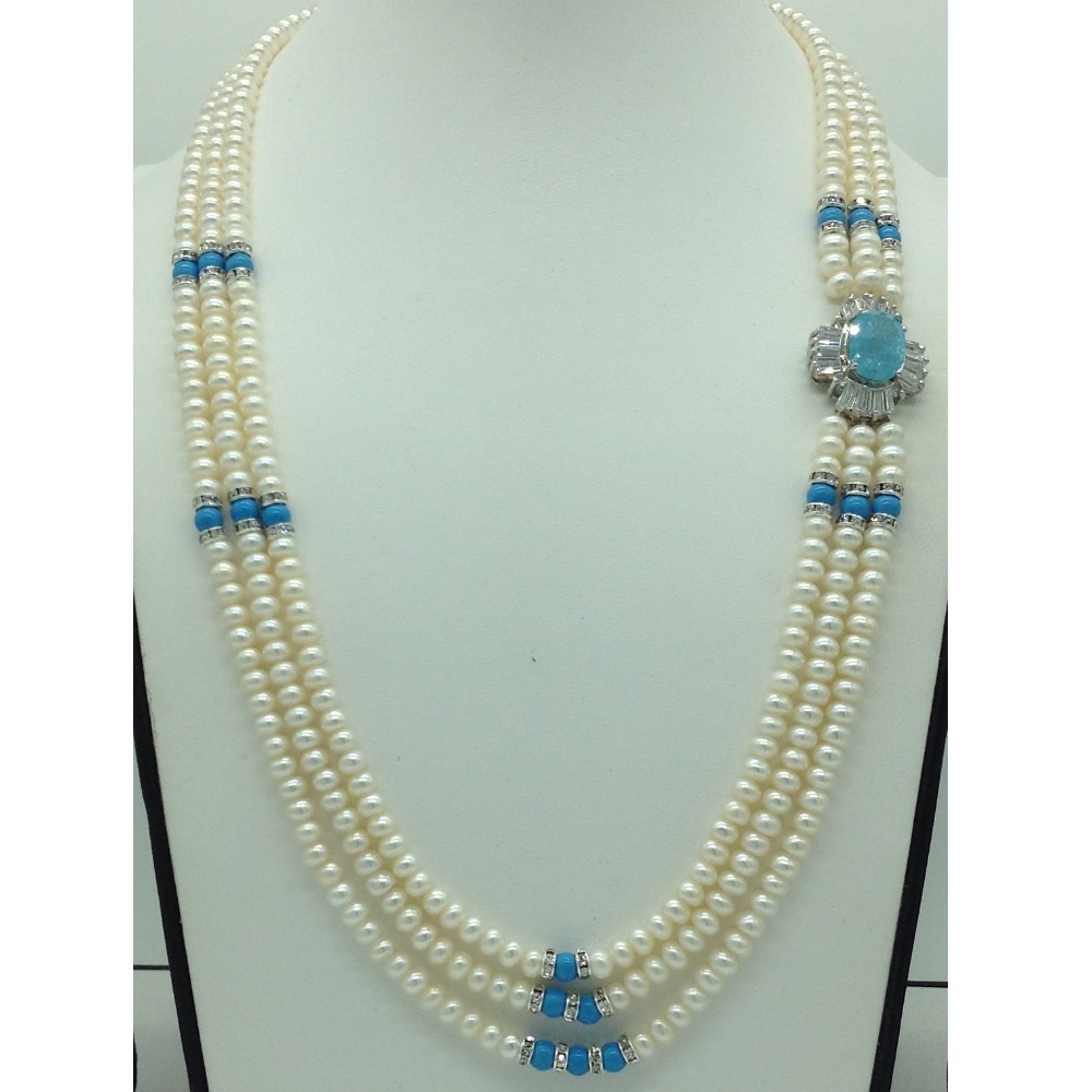 White And Blue CZ Broach Set With 3 Lines Flat Pearls Mala JPS0560