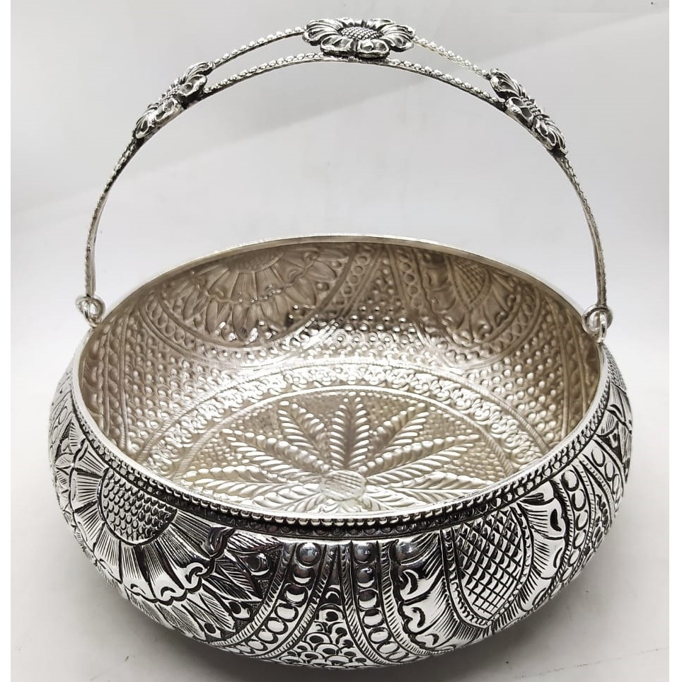 puran pure silver handicrafted fruit n flower basket.