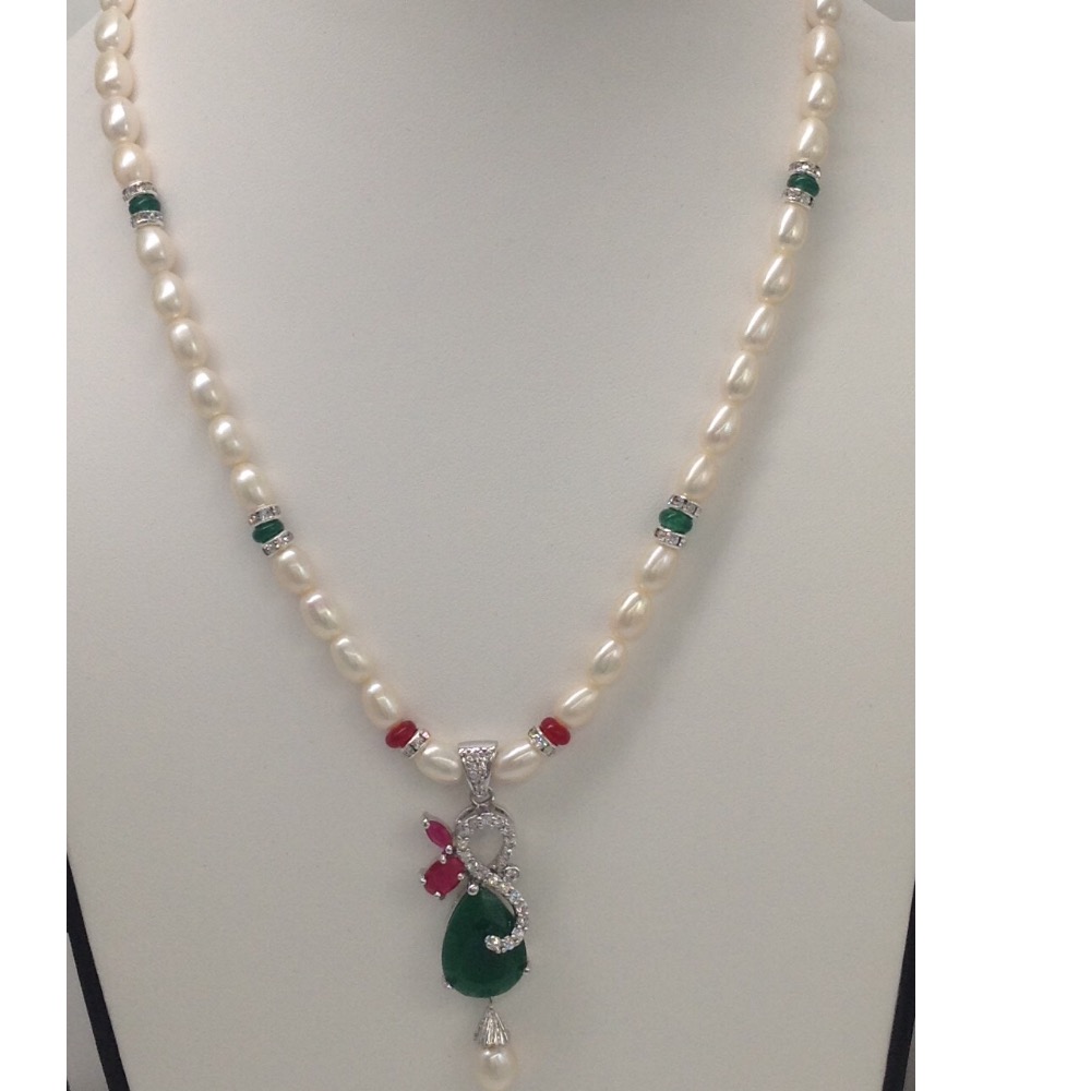 Multicolour cz pendent set with oval pearls mala jps0056