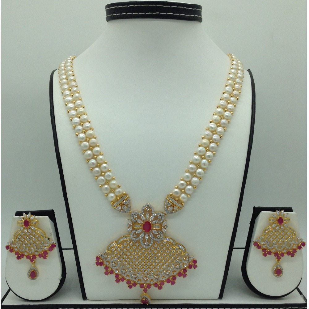 White,red cz ranihaar set with button jali pearls mala jps0590