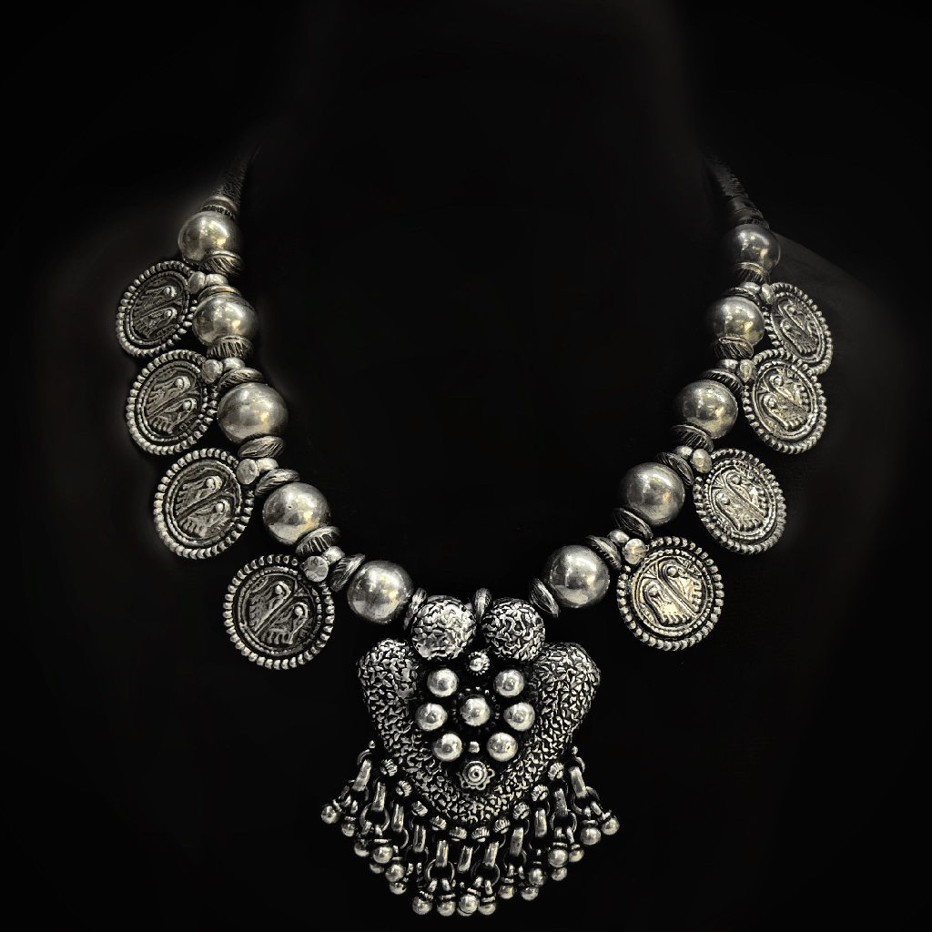 Designer Pure Silver Necklace In Antique Work