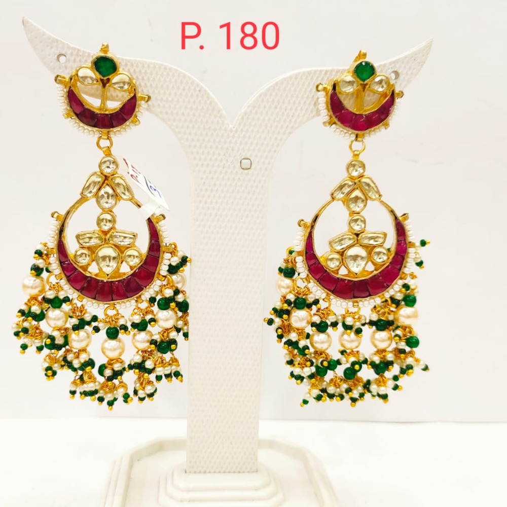Gold Tone Ruby Stone Earring With Hanging White & Green Moti 1716