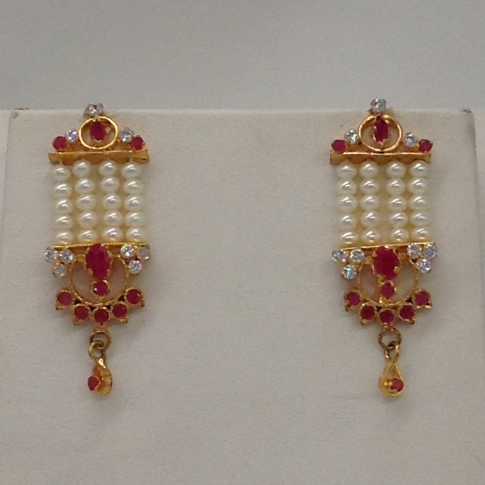 White;red cz ranihaar set with 4 lines flat pearls jps0476