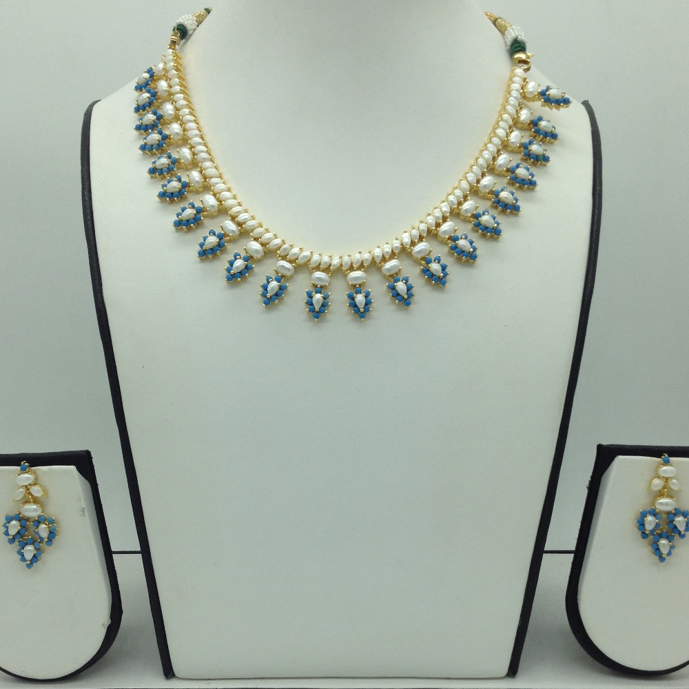 white button pearls and turquoise necklace set jnc0110