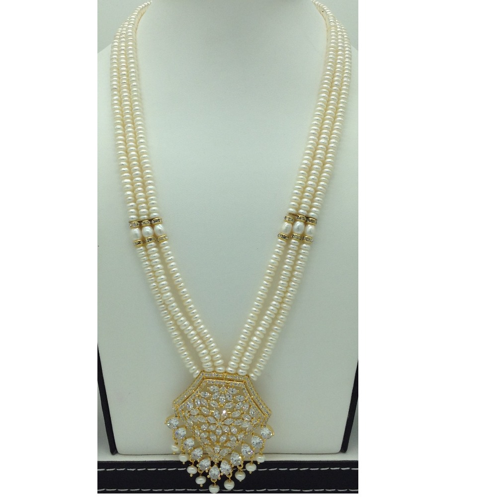 White cz pendent set with 3 line flat pearls mala jps0599