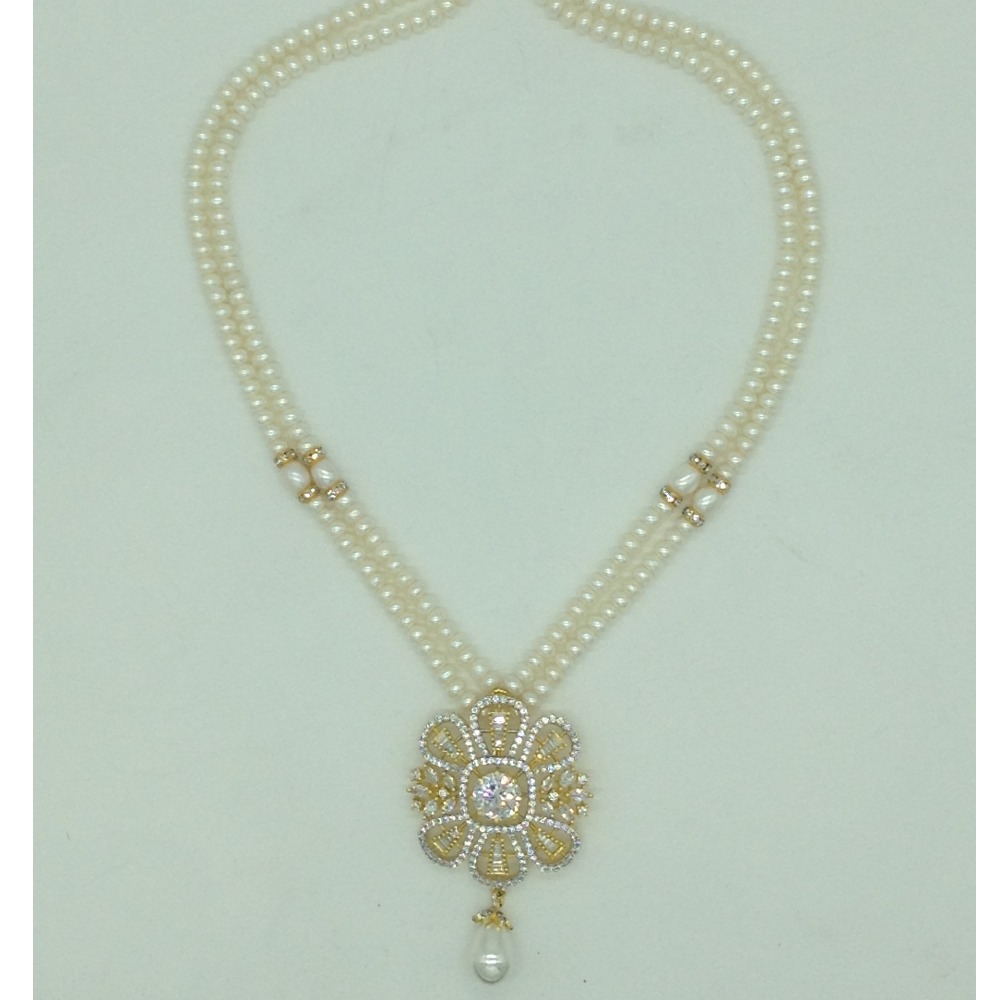 White cz pendent set with 2 line flat pearls jps0702