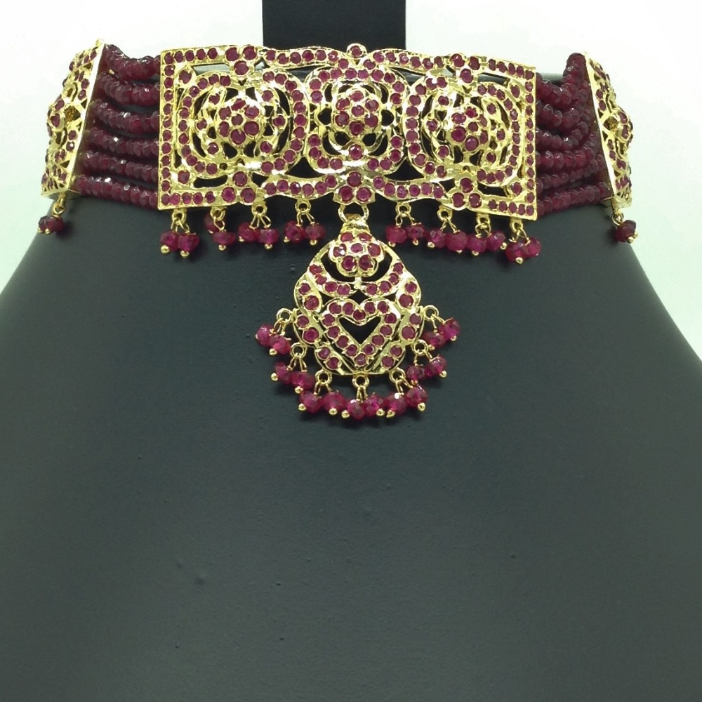 Red Ruby Amritsar Choker Set With 6 Line Red Beeds Mala JPS0564