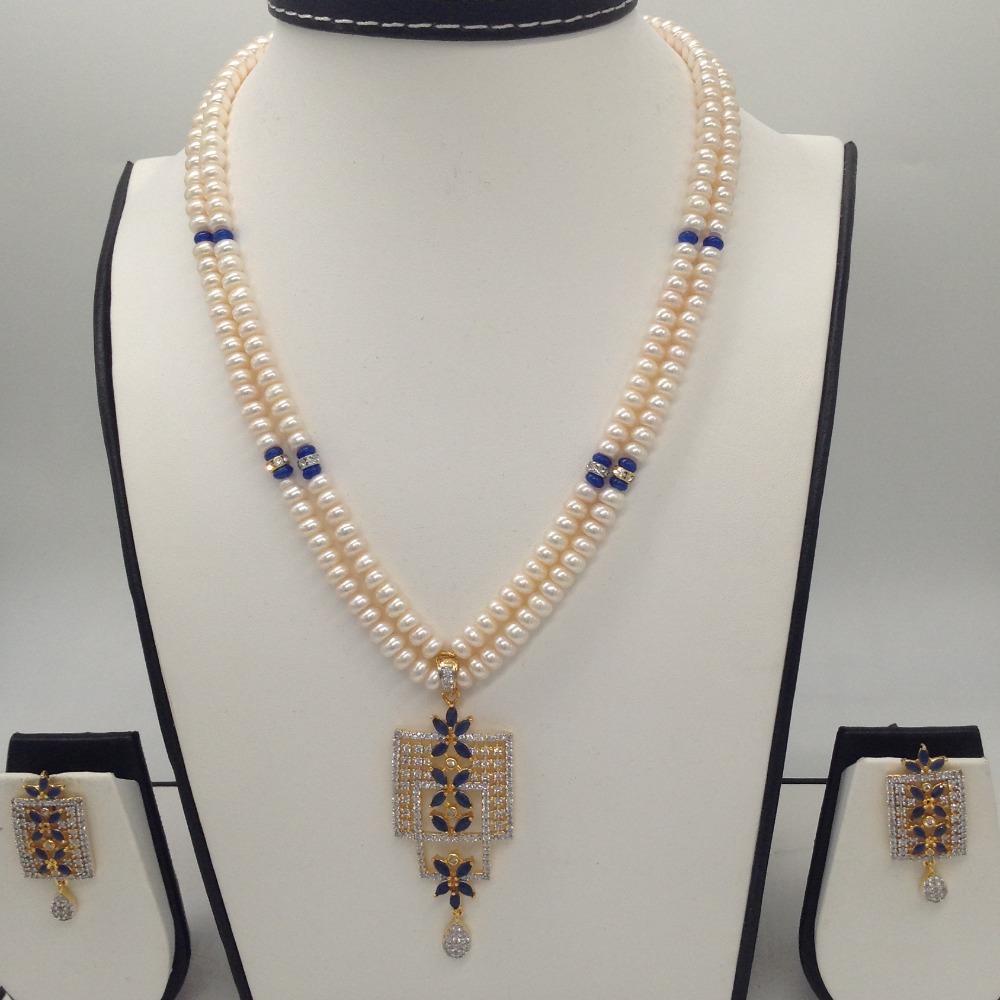 White;blue cz pendent set with 2 line flat pearls jps0308