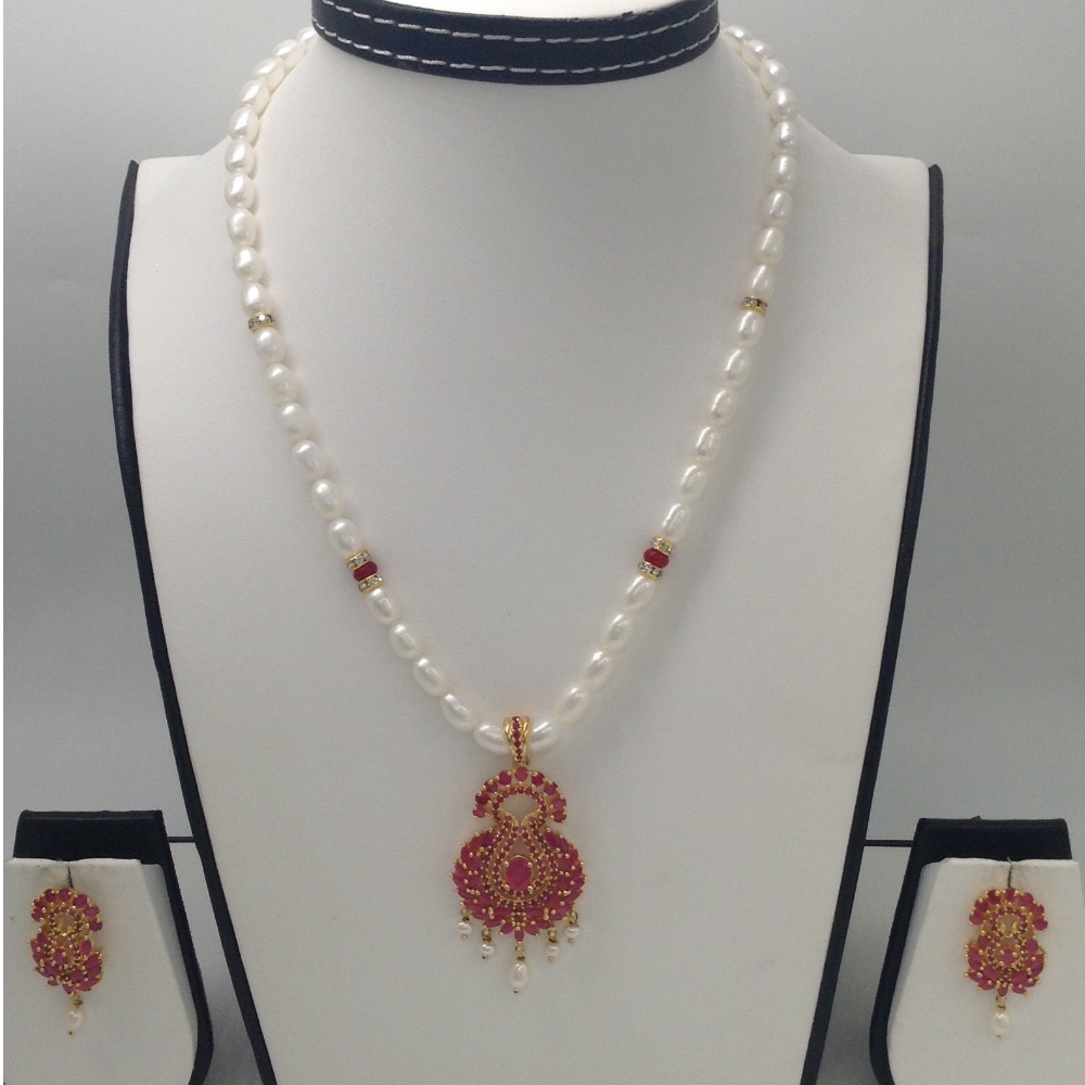 Red cz pendent set with oval pearls mala jps0009
