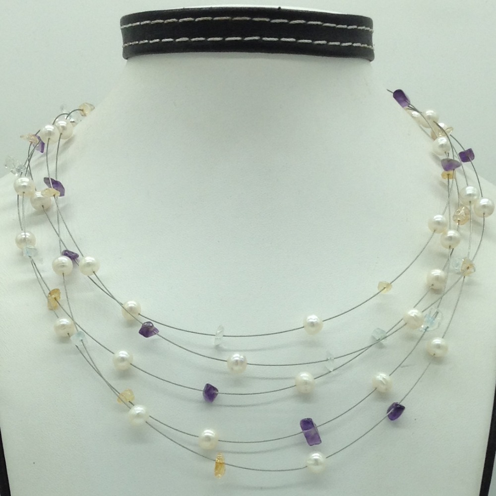 White pearls with semi precious chips wire necklace jpm0435