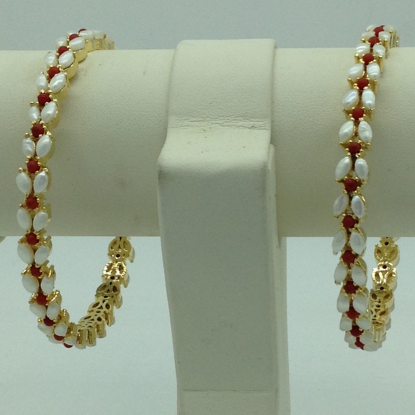 Freshwater White Button Pearls and Corals Bangles JBG0286