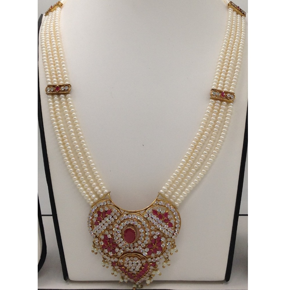 White;red cz rani haar set with 4 lines flat pearls jps0500