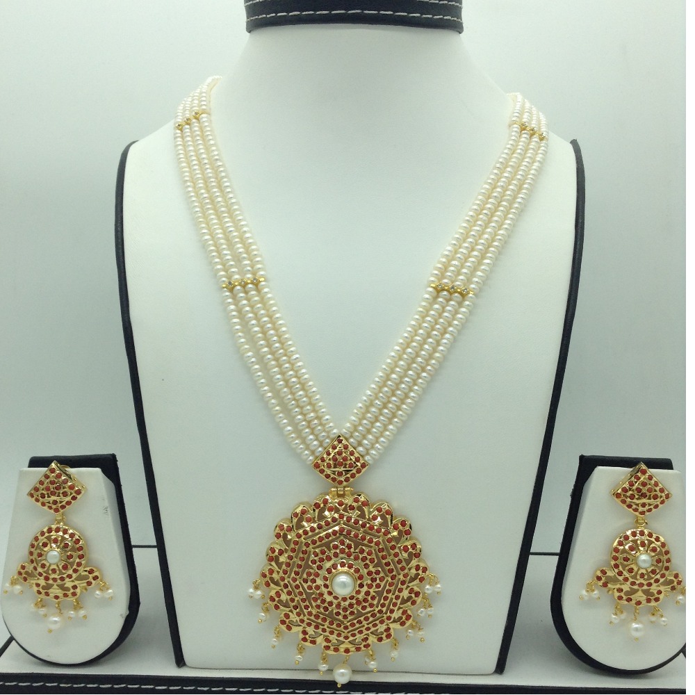 Corals and pearls ranihaar set with 4 line flat pearls jps0609