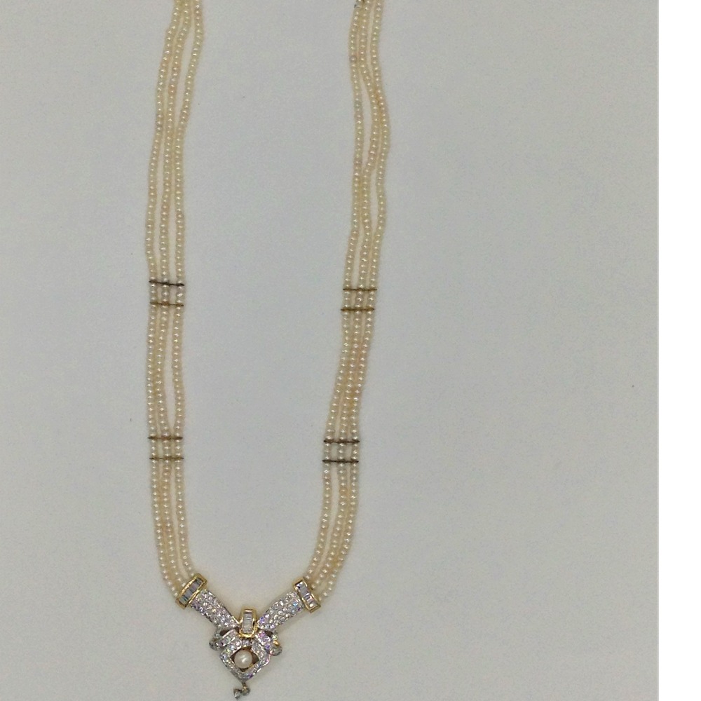 White cz pendent set with 3 line flat pearls mala jps0333