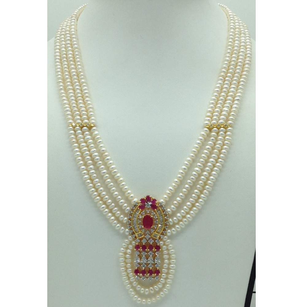 White;red cz pendent set with 4 line flat pearls jps0652