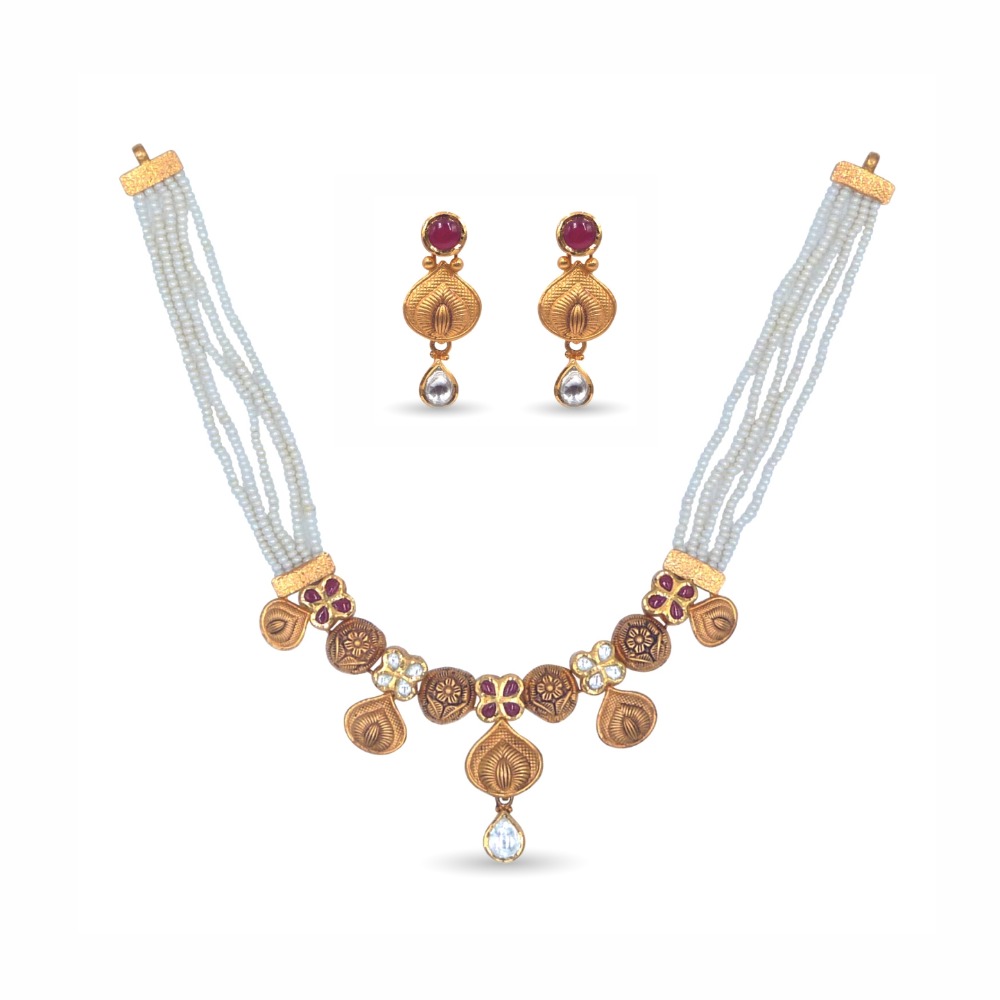 Buy Exclusive Brass High Gold Plated Antique Moti Long Necklace set with  Earrings Online From Surat Wholesale Shop.