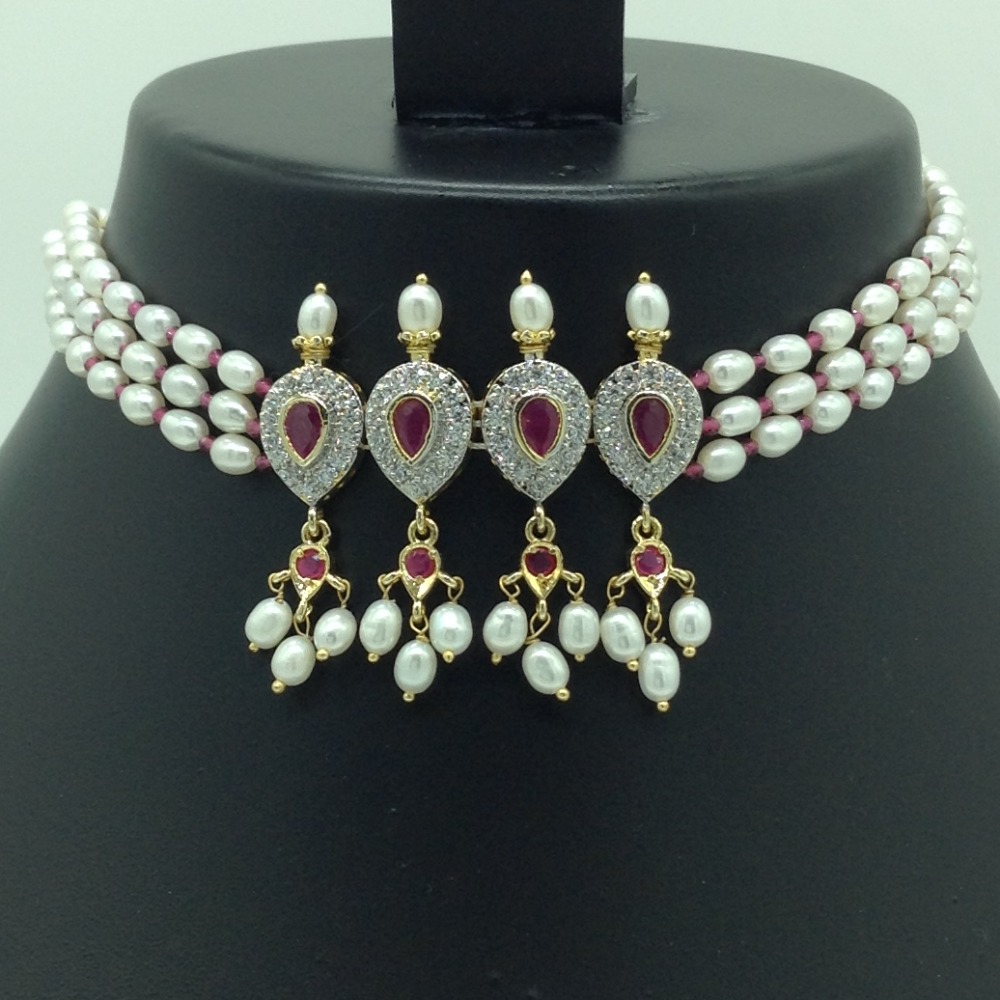 White,Red CZ and Pearls Choker Set With Oval Pearls Mala JPS0629