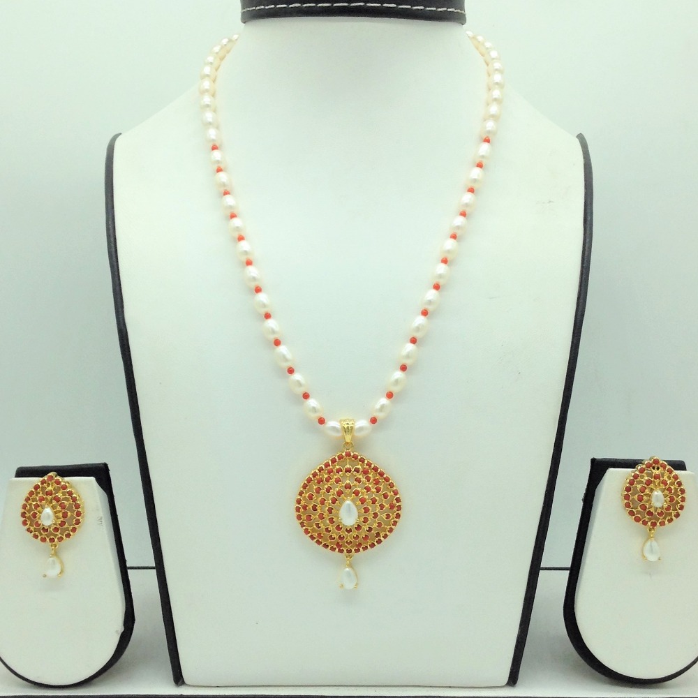 Pearls and coral pendent set with 1 line oval pearls mala jps0686