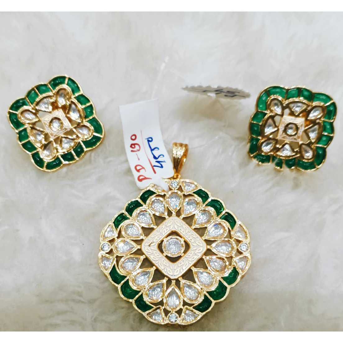 Square Design Bikaneri Kundan's White And Green Pendant And Earring Set1068