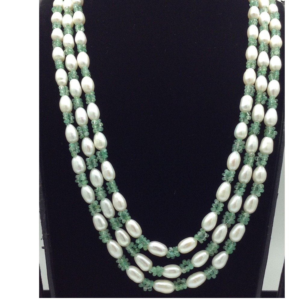 Freshwater White Oval Pearls with Green Beeds 3 Layers Mala JPM0521