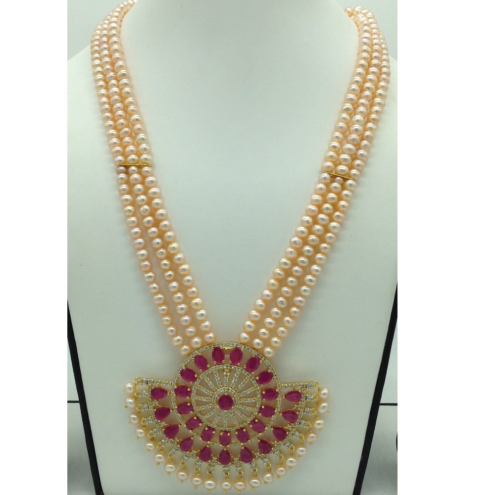 White;red cz pendent set with 3 line orange pearls jps0662