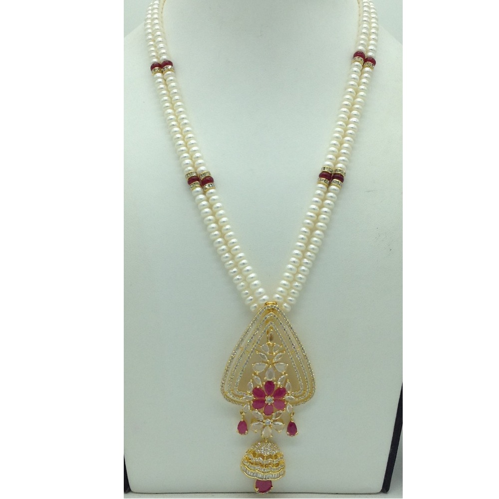 White,red cz pendent set with 2 line flat pearls jps0694
