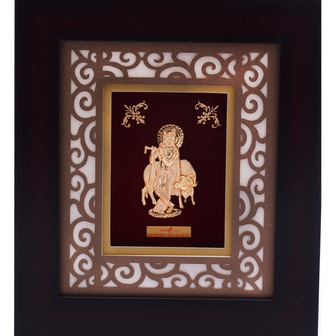 (18.5x21 cm)god krishna with cow divine photo frame 24 k gold