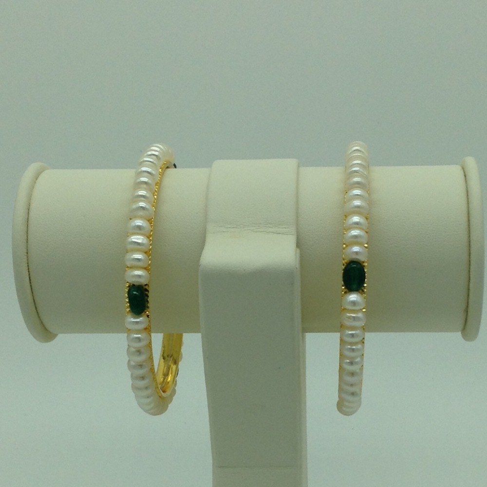 White Flat Pearls And Green Semi Bangles JBG0081