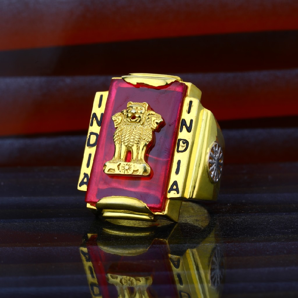 Mens India Exclusive Ashok Stambh Gold Fancy Red Stone Ring-MHR43