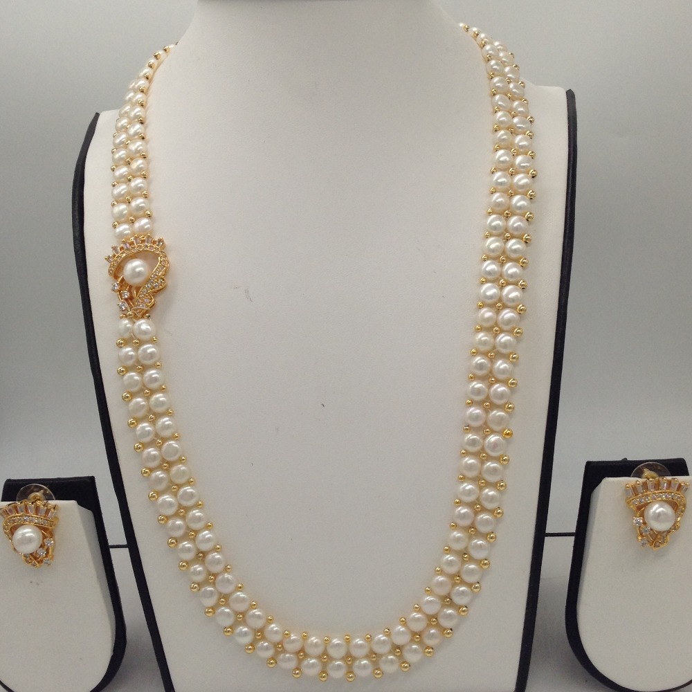 White CZ And Pearl Broach Set With 2 Line Button Jali Pearls Mala JPS0367