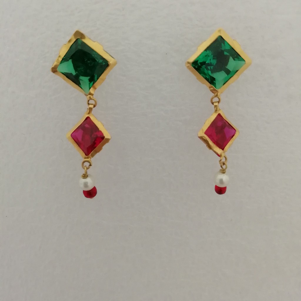Gold pink and green stone earrings