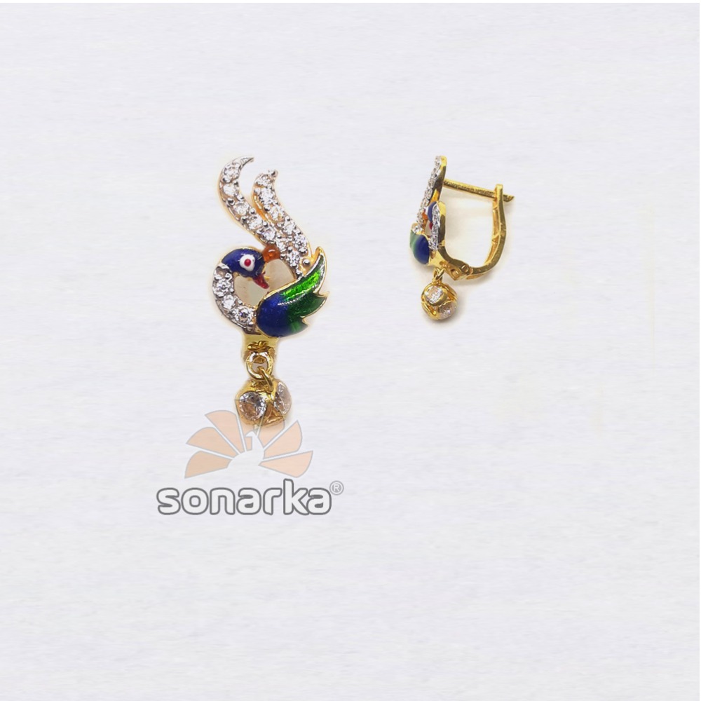 22kt gold attractive peacock shape cz diamond hoop earrings