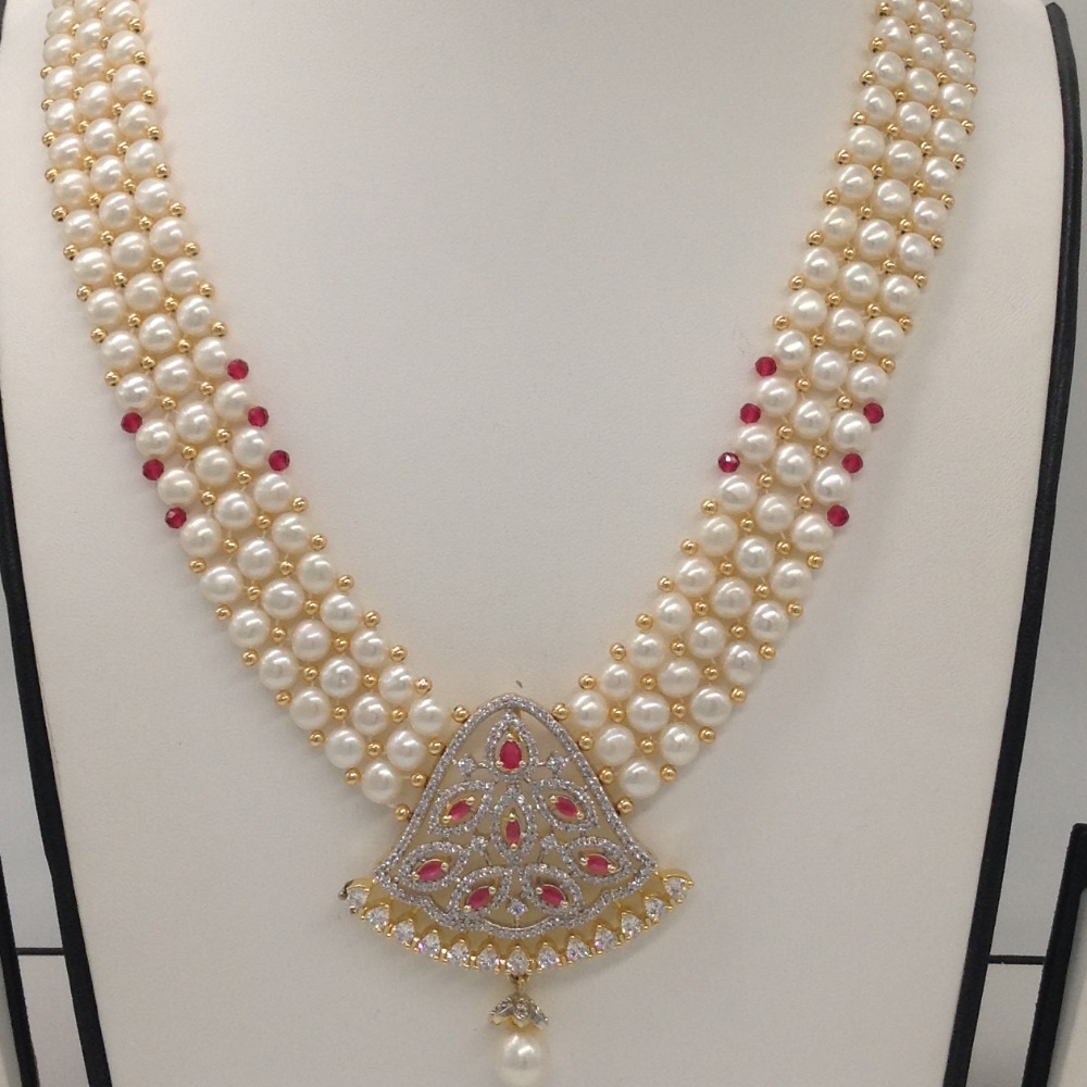 White ,red cz pendent set with 3 line button pearls jps0179