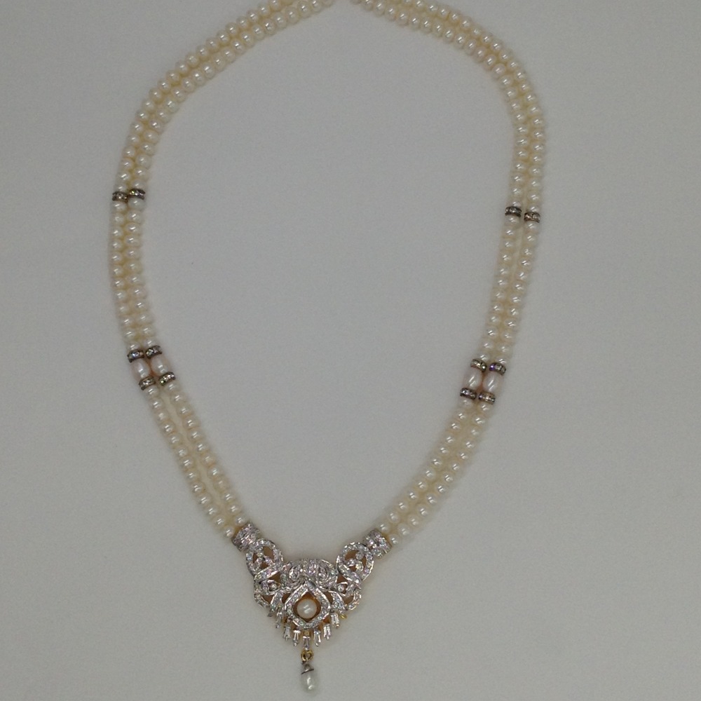 White cz pendent set with 2 line flat pearls mala jps0276