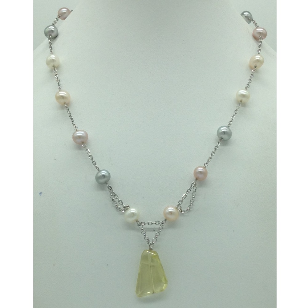 Freshwater multicolour pearls and citrine silver chain set jnc0079