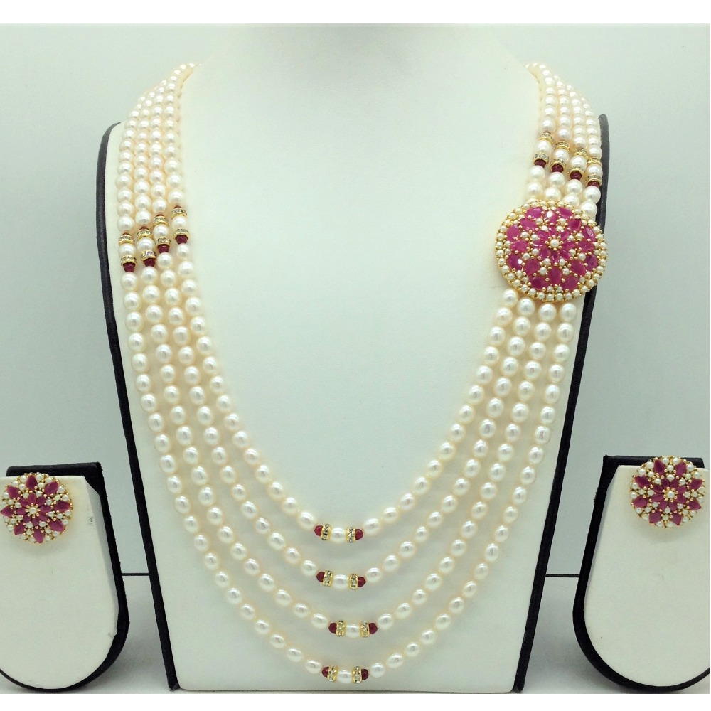 Pearls and Red CZ Brooch Set With 4 Lines Oval Pearls Mala JPS0721