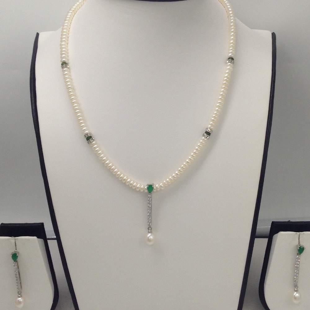 White, green cz pendent set with flat pearls mala jps0059