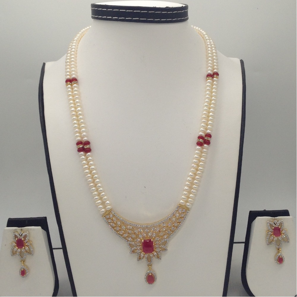White;red cz pendent set with 2 line flat pearls jps0344
