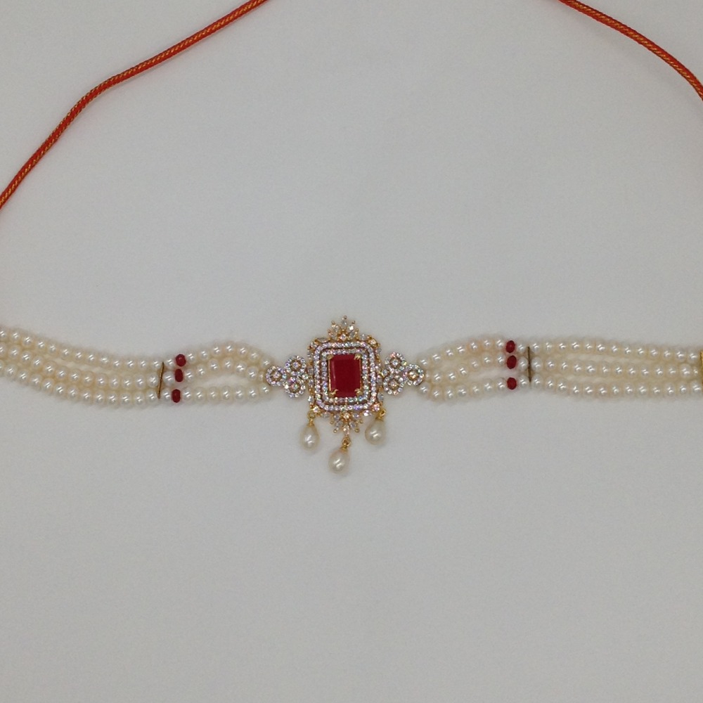 White And Red CZ Choker Set With 3 Line Flat Pearls Mala JPS0528