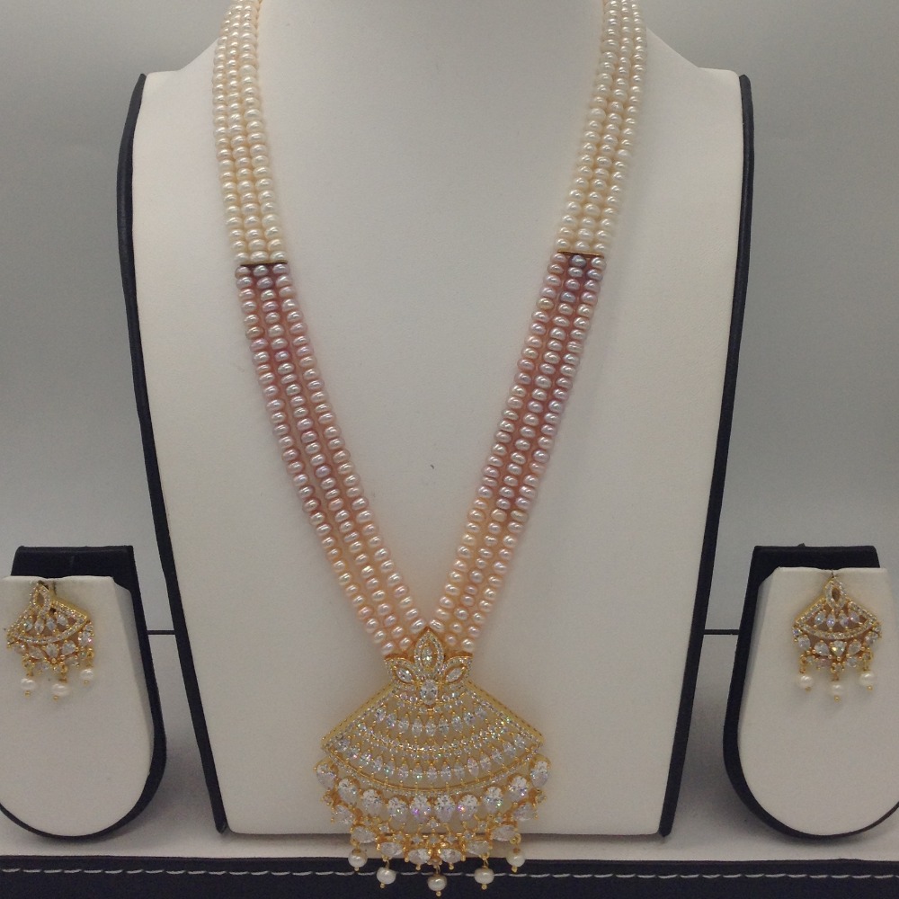 White cz pendent set with 3 line flat shaded pearls jps0421