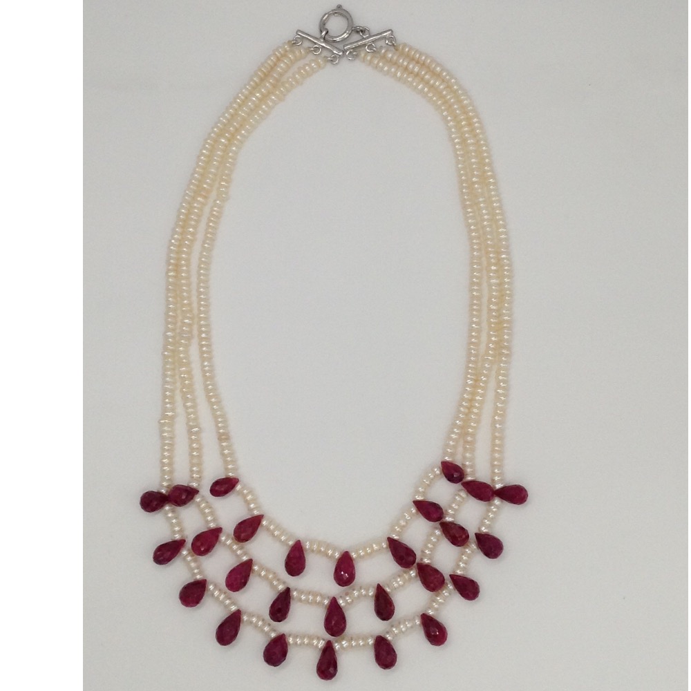 white flat pearls necklace with red ruby drops JPM0200